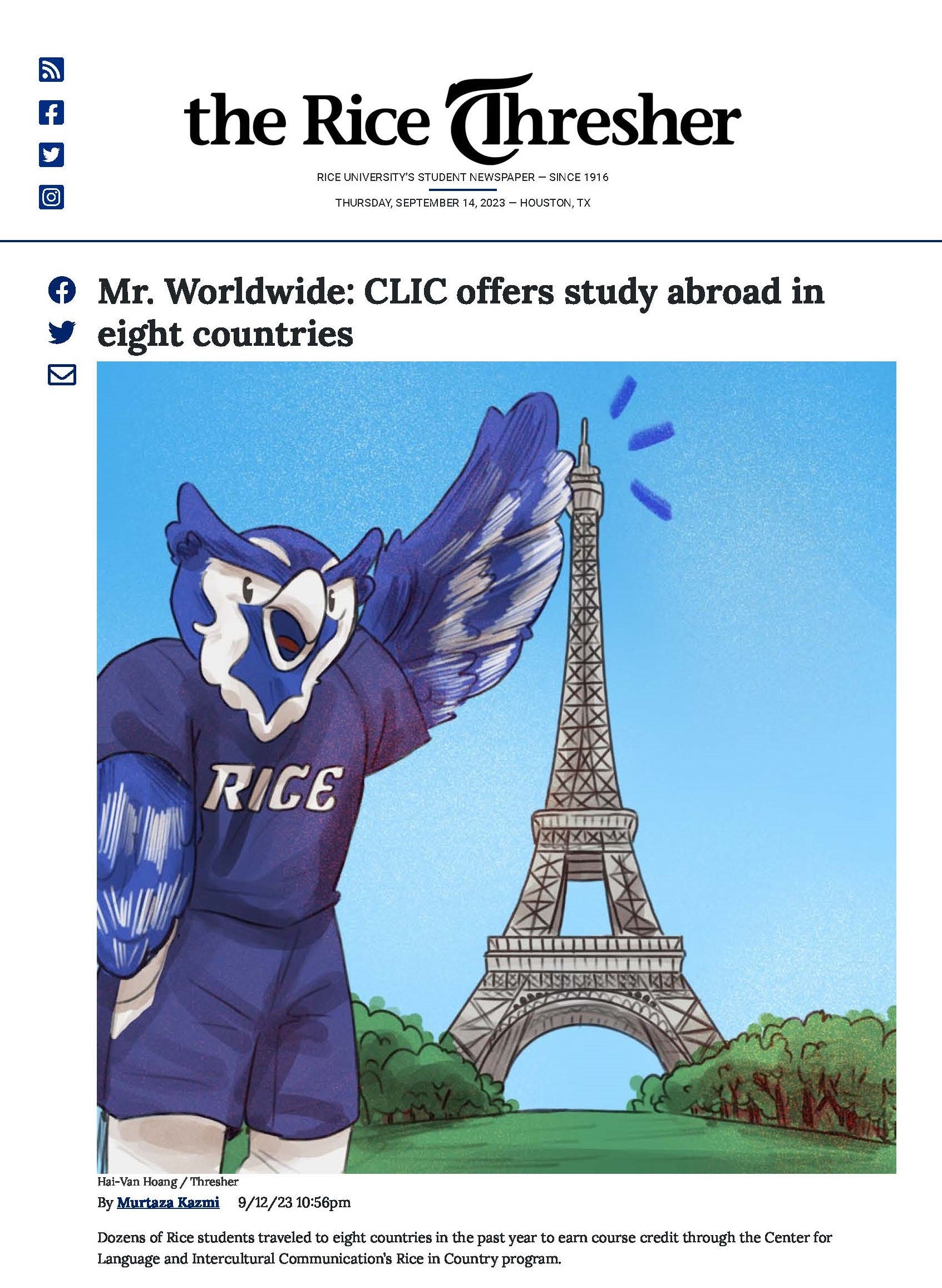 Image of Sammy the Owl in France. Art by Hai-Van Hoang for the Thresher