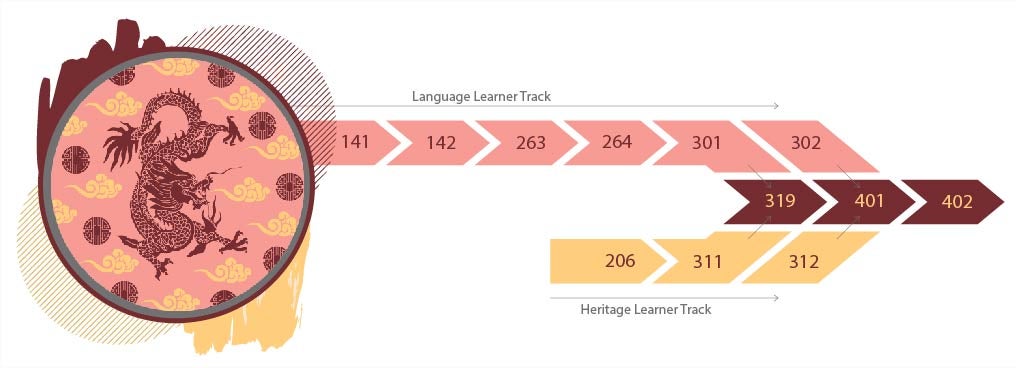 Decorative infographic showing the sequence of Chinese courses. Language learner start with CHIN 141 to 142 to 263 to 264 to 301. After 301 they may take either 302 or 319 before taking 401 to 402. Heritage learners start with CHIN 206 progress to 311. After 311 they may take either 312 or 319 before taking 401 and 402.